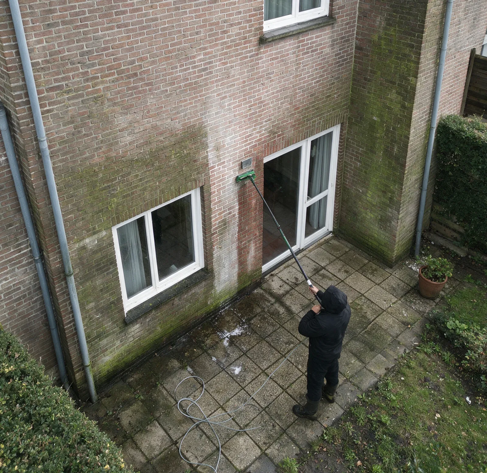 Bakstenen gevel met groene aanslag, halverwege de behandeling: rechts van de borstel is de steen al schoon