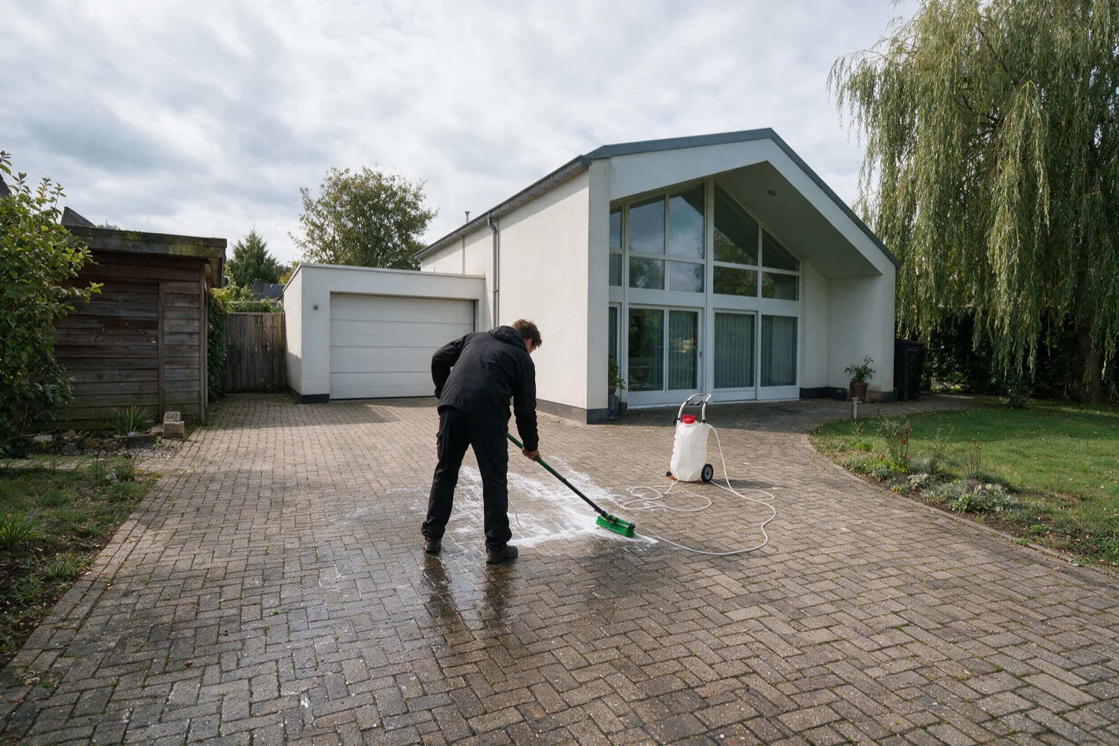 Oprit in klinkers tijdens de reiniging